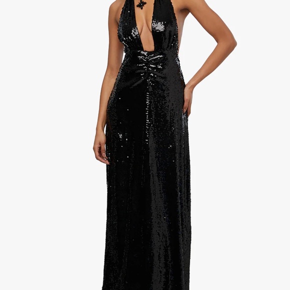 NWT WE WORE WHAT Black Sequin Halter Maxi Dress - Size 0 - Picture 2 of 5
